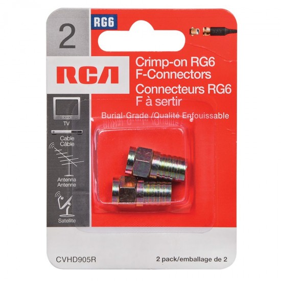 RCA SATELLITE WEATHERPROOF CRIMP-ON "F" CONNECTOR FOR RG6 COAX CABLE - 2 PACK
