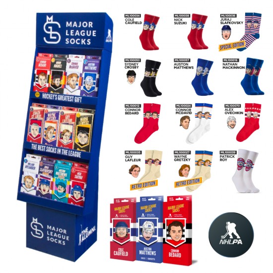 Major League Socks - 72 paires de chaussettes Joueurs de Hockey LNH avec présentoir incluant 6 paires GRATUITES