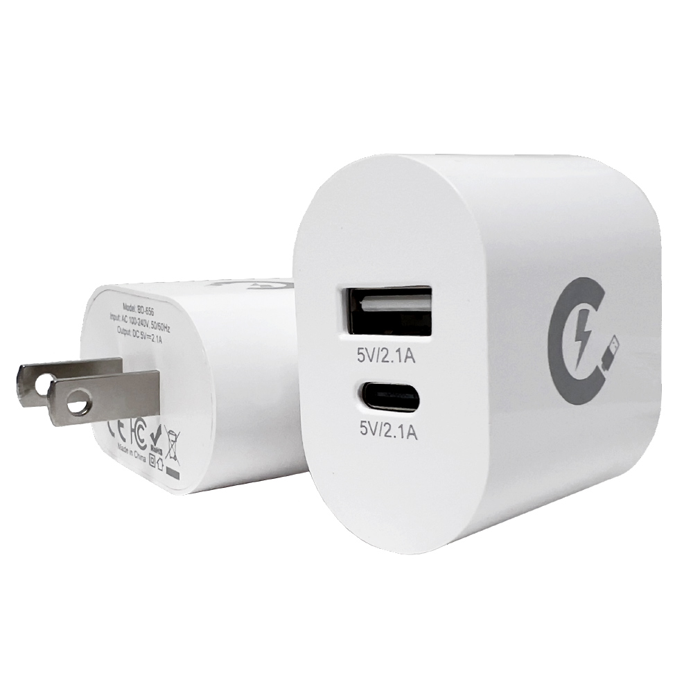 Chargeur mural USB double - 5 V - 1 A et 2.1 A - Blanc