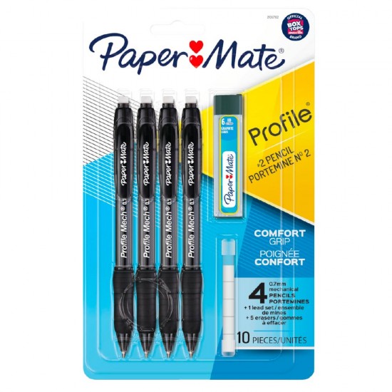 Paper Mate - 4 portemines Nº2 + Ensemble de mine + 5 gommes à effacer