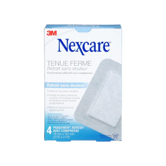 Nexcare Pansements à Tenue Ferme avec Compresse Retrait Sans Douleur 3" x 4" 4/pk